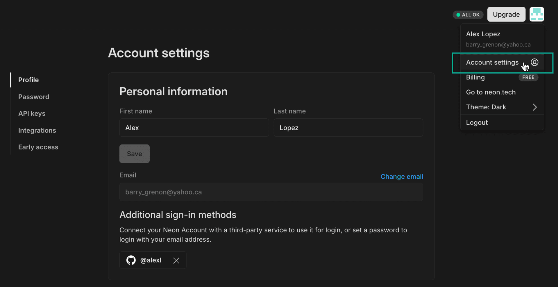 personal account settings